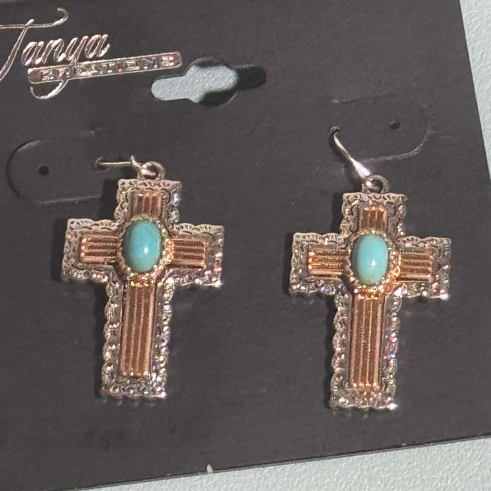 Silver Gold and Turquoise Cross Earrings 1.5 inch